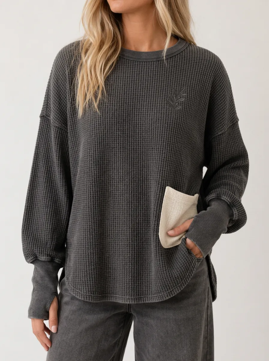 Women's Leaf Embroidery Contrast Pocket Waffle Knit Top