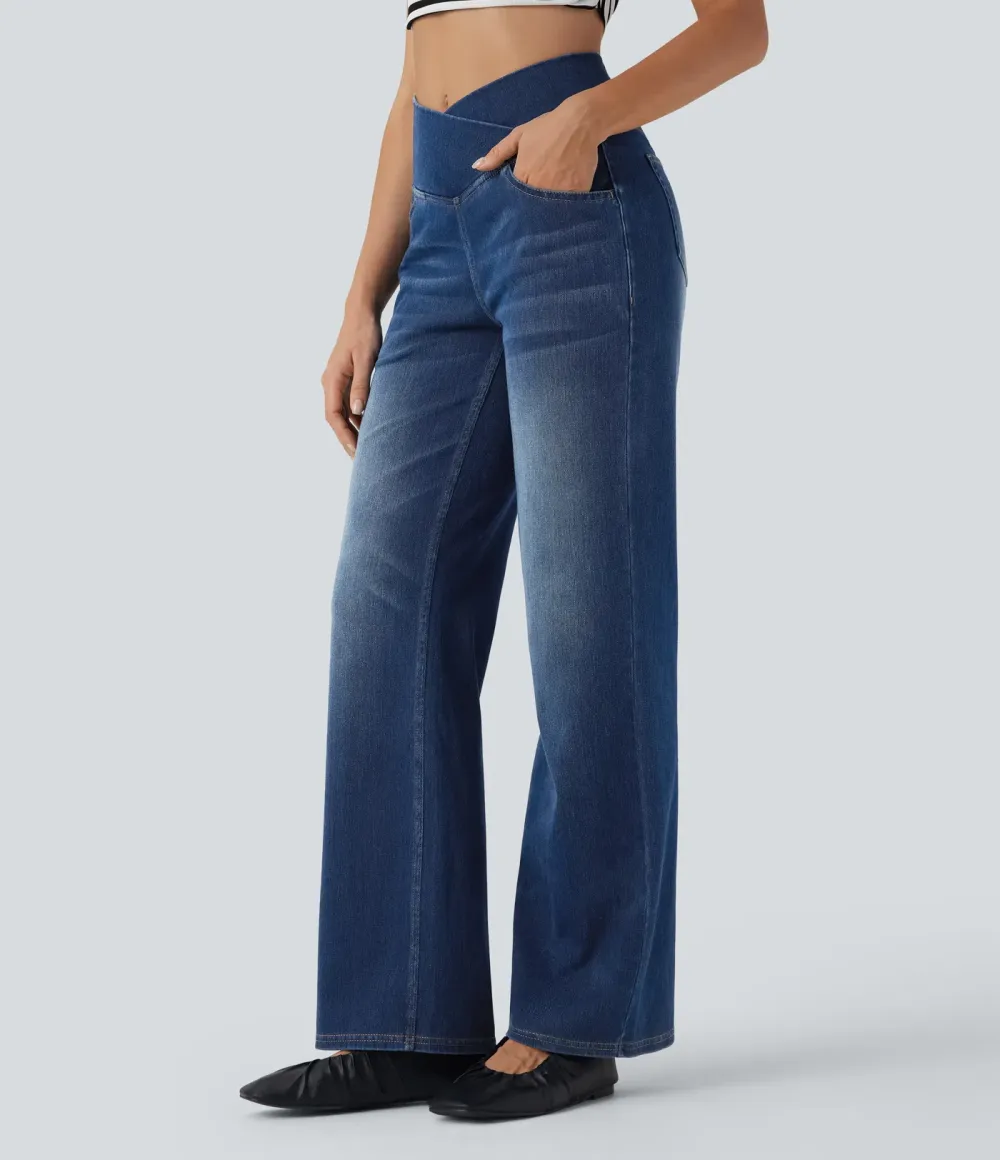 High-waisted, relaxed, crossover straight-leg jeans with  pockets