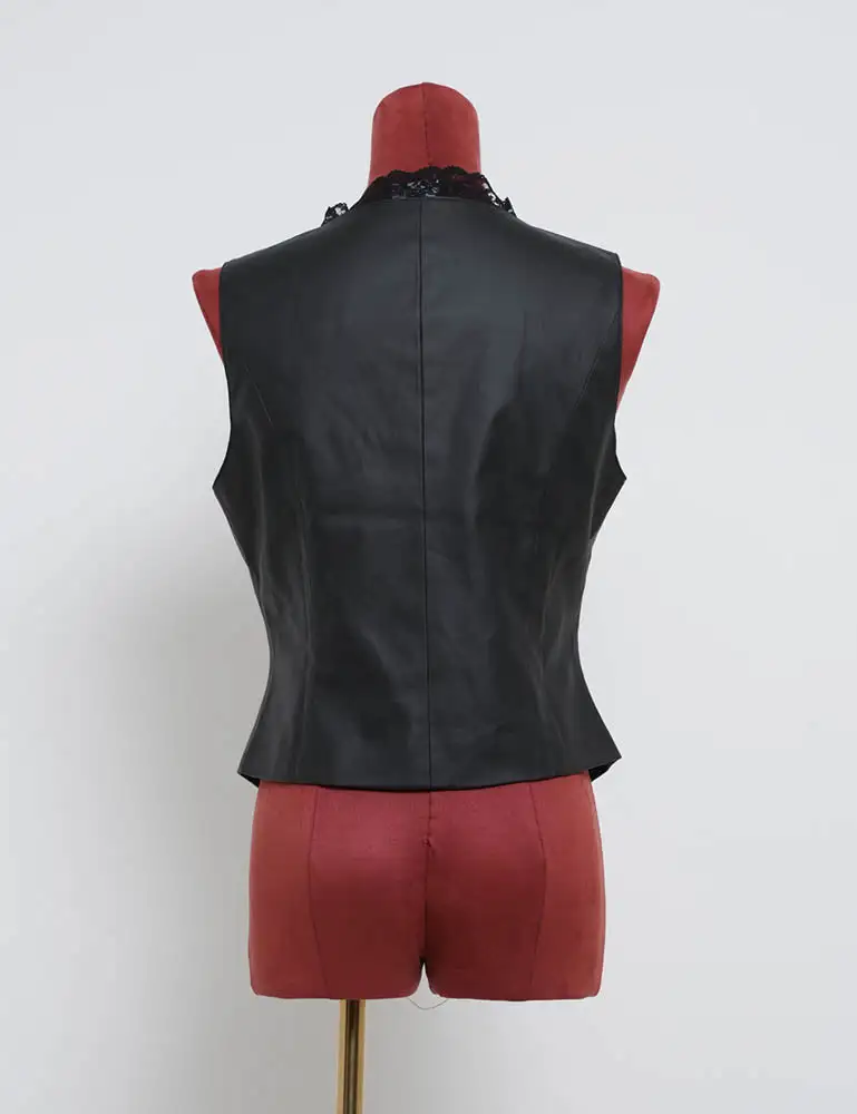 Street Chic Faux Leather V Neck Lace Trim Vest