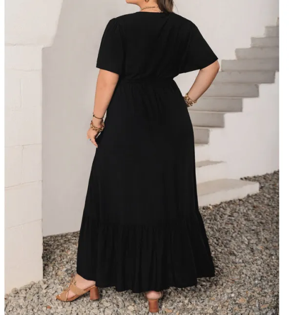 Plus Size Embroidered V Neck Flutter Sleeve Maxi Dress