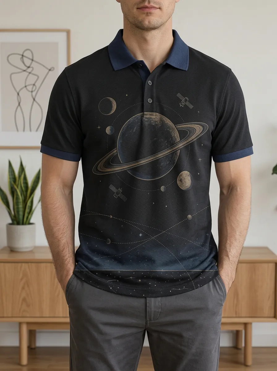 Men's Space Astronomy Saturn Planet Printed Polo Shirt Weekend Casual Style