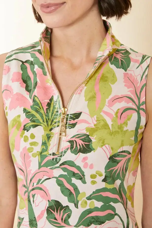 Green Palm Print Half Zip Midi Dress