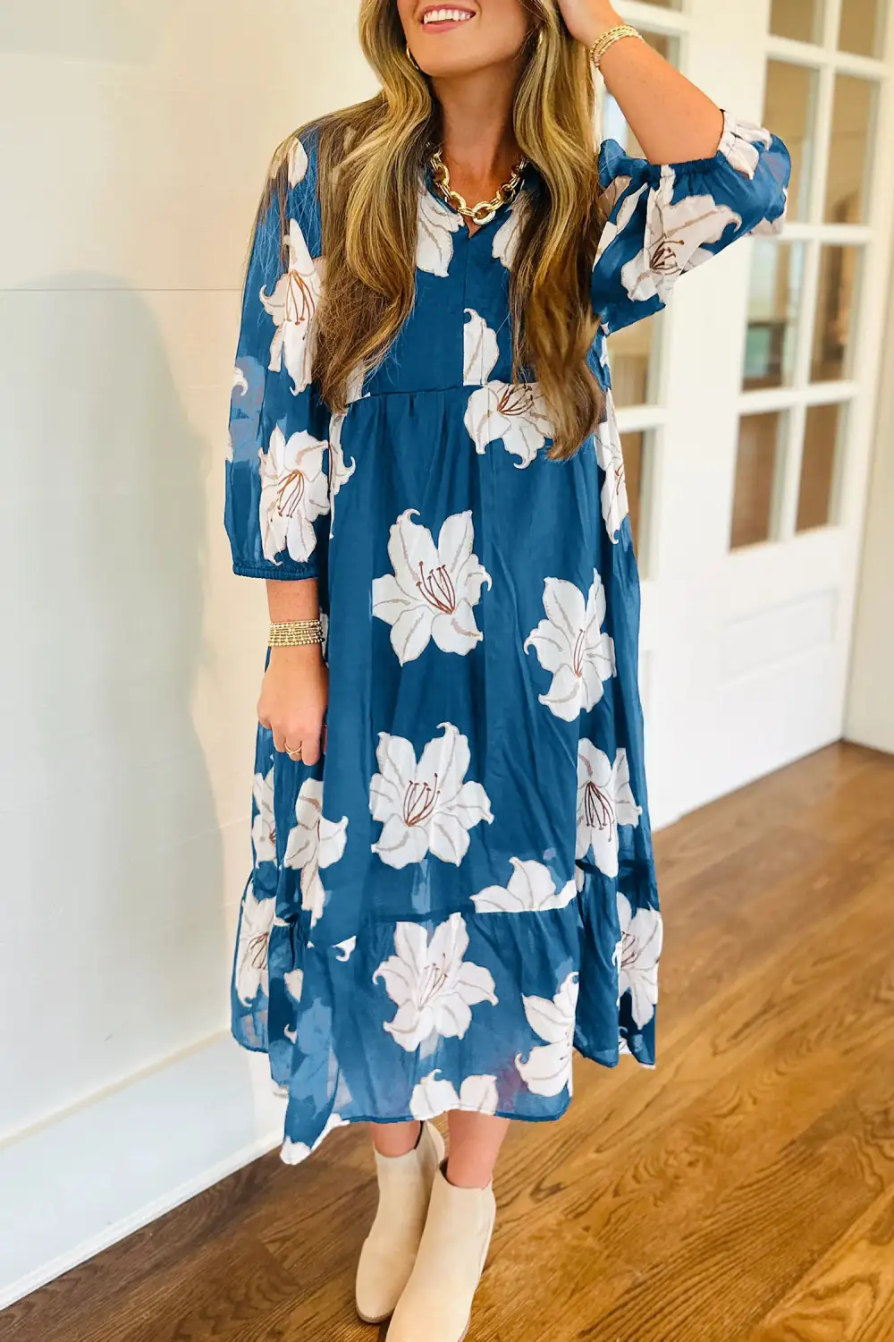 Polished Detail Floral Printed V Neck Midi Dress
