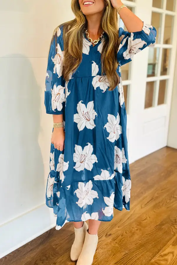Polished Detail Floral Printed V Neck Midi Dress
