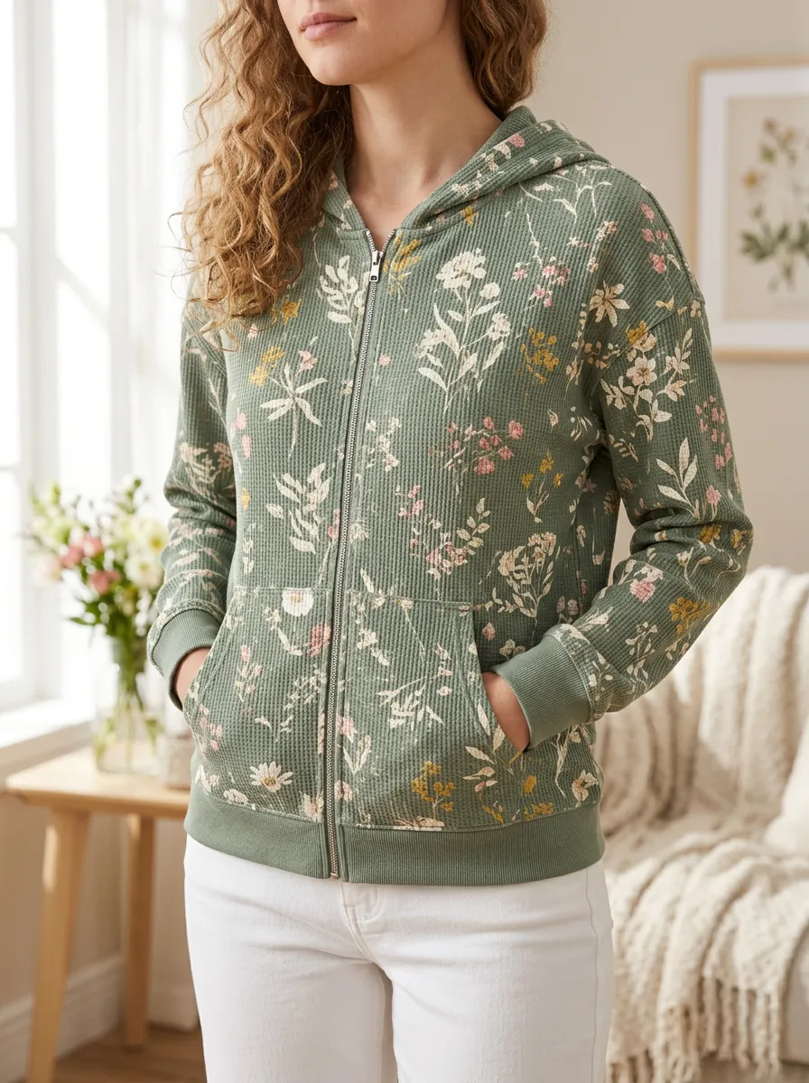 Women's Floral Botanical Sage Green Printed Waffle Zip Hoodie
