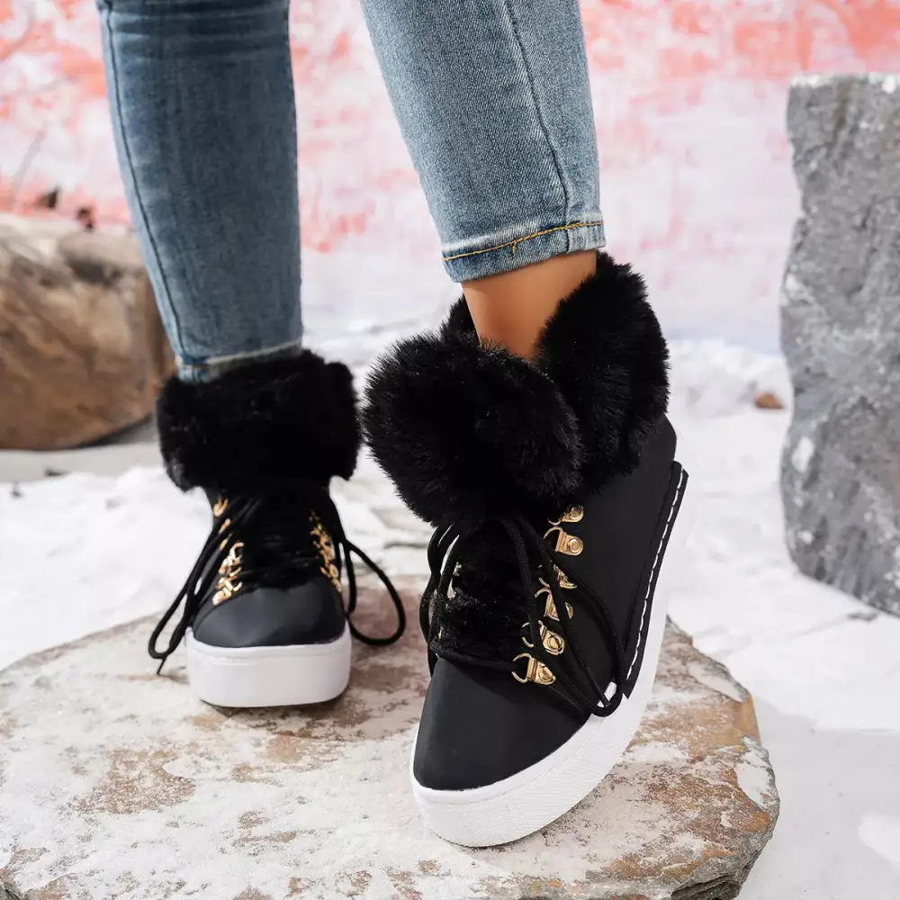 Refined Fuzzy Trim Lace-Up Ankle Boots