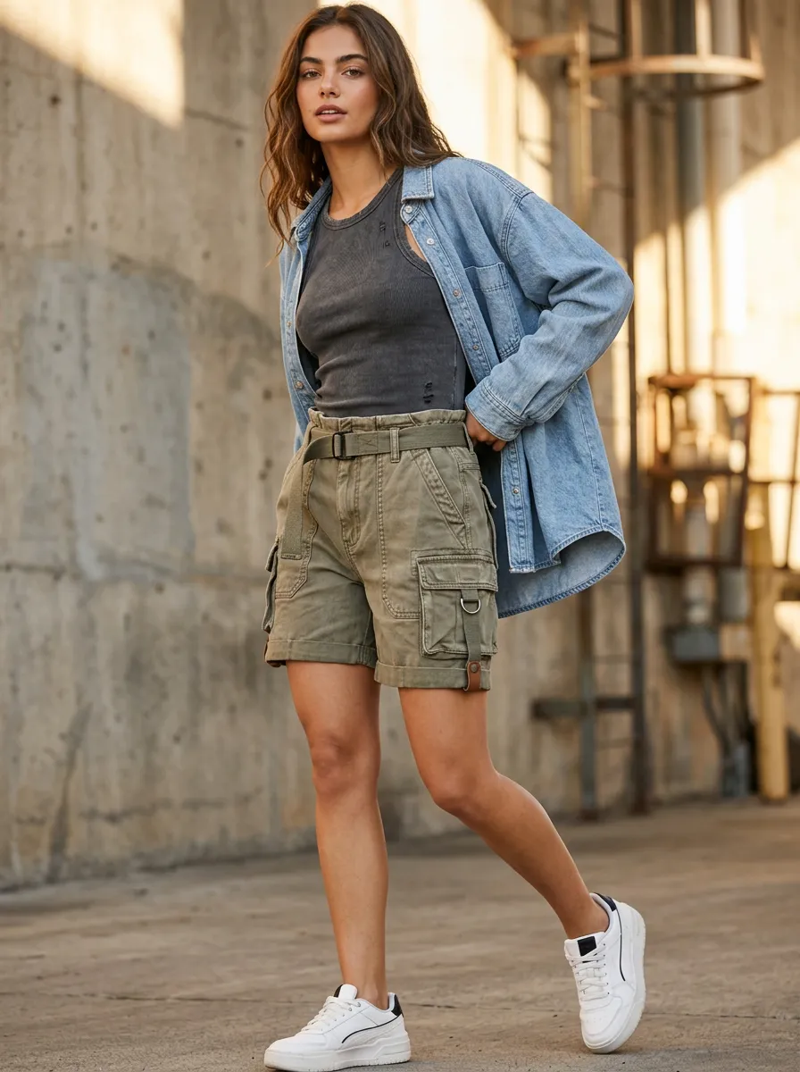 Women's Outdoor Casual High-Rise Belted Cargo Shorts