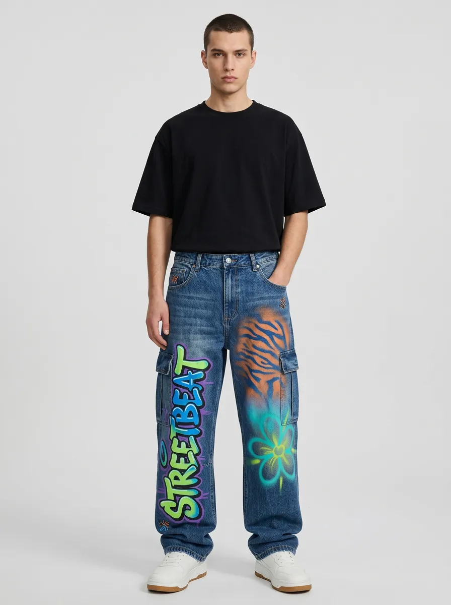 Men's Graffiti Tiger Floral Graphic Cargo Jeans