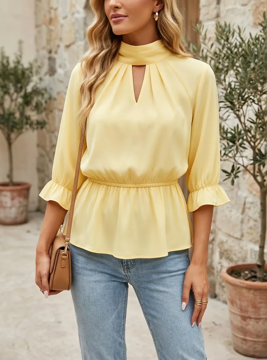 Mock Neck Ruffle Sleeve Peplum Blouse
