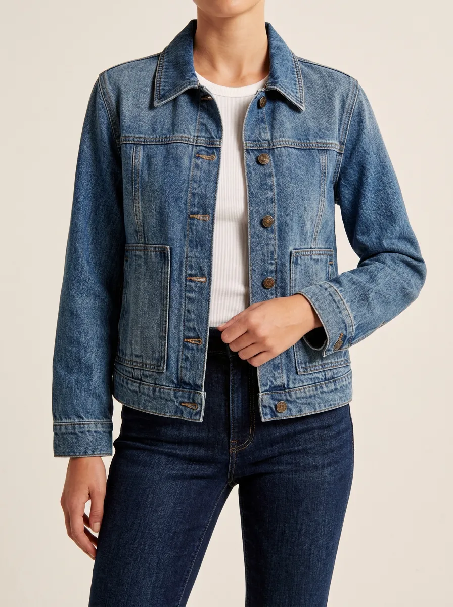 Women's Casual Denim Jacket with Short Sleeve Button Front Detail