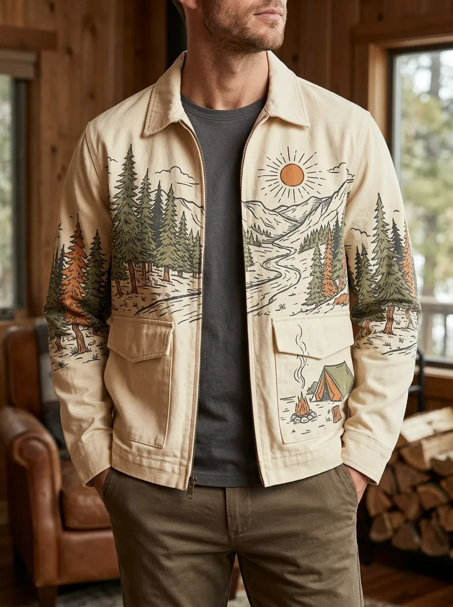 Men's Camping Lover Mountain Forest Campfire Printed Jacket