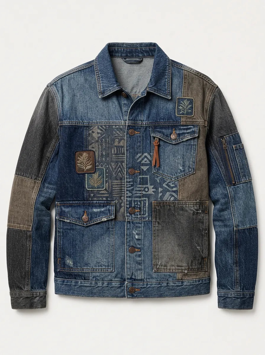 Men's Vintage Patchwork Geometric Leaf Printed Denim Jacket