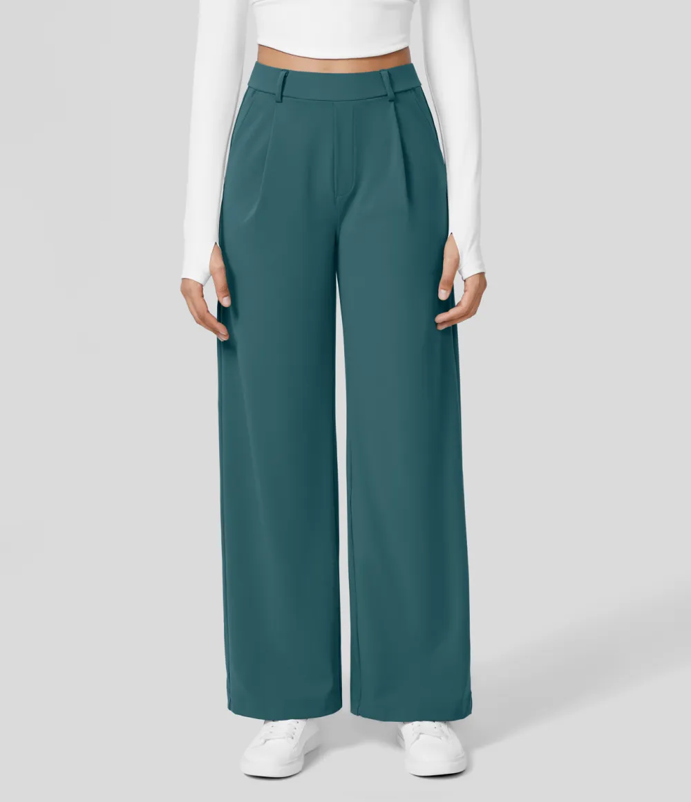 2026🔥  High Waisted Plicated Side Pocket Straight Leg Work Pants