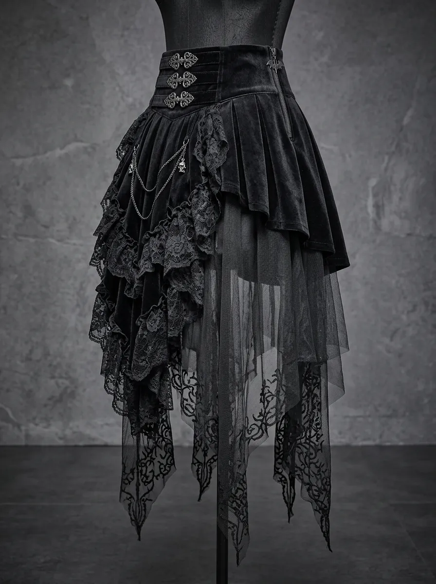 Noir Victorian Lace Ruffle Street Look Women's Gothic High-Low Skirt
