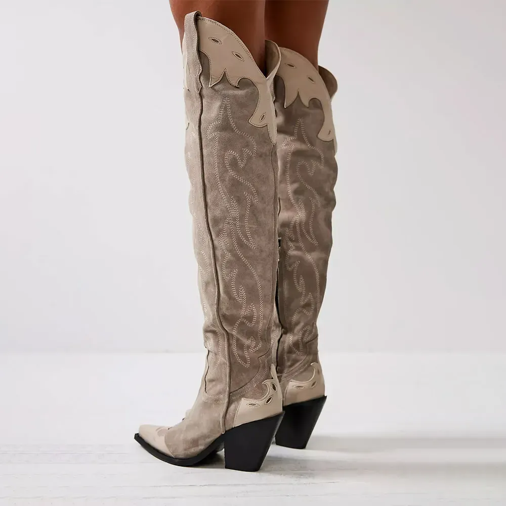 Faux-Suede Faux-Leather Embroidered Patchwork Western Boots