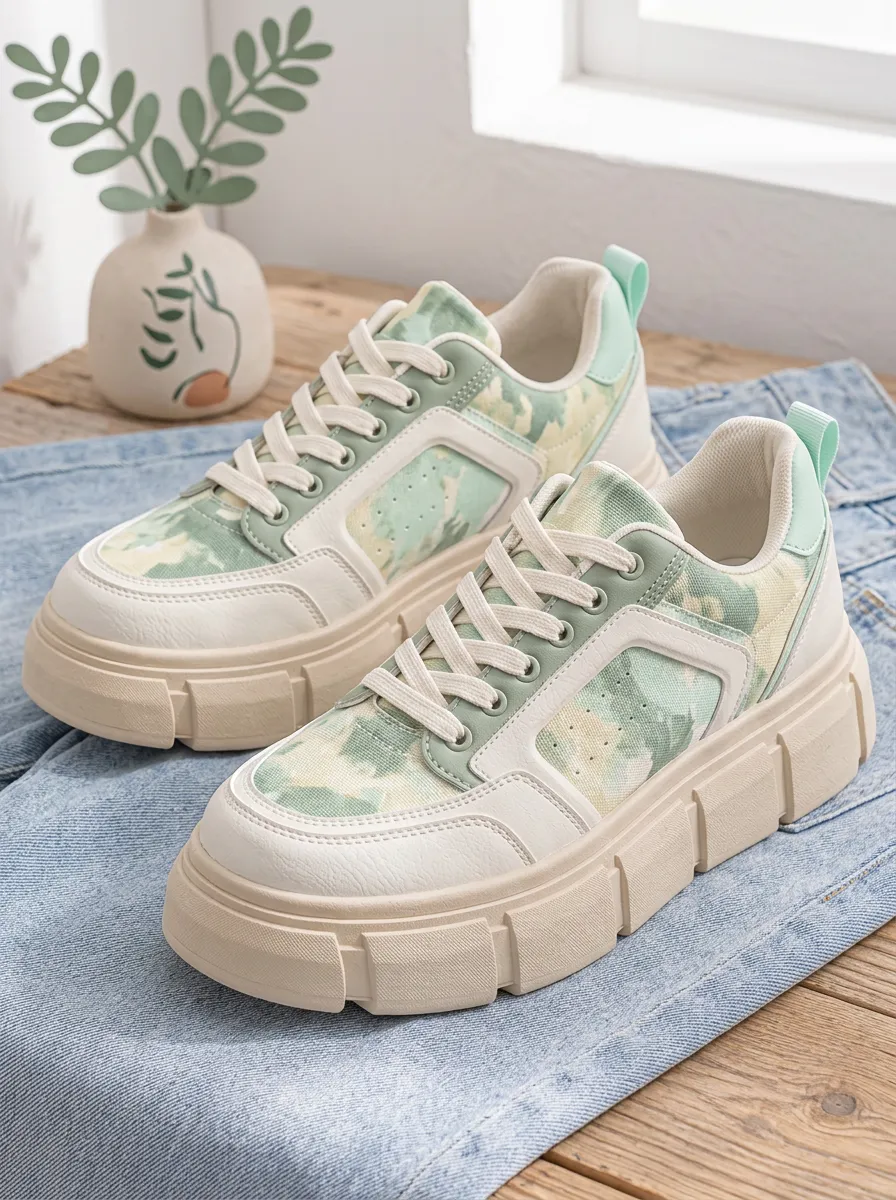 Women's Sage Green Camo Pattern Printed Platform Sneakers