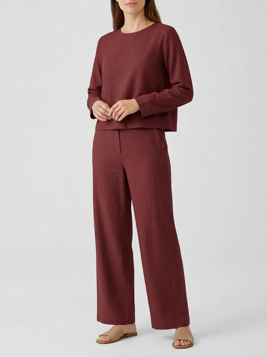 Women's Long-Sleeve Crewneck Top And Wide-Leg Trouser Two-Piece Set