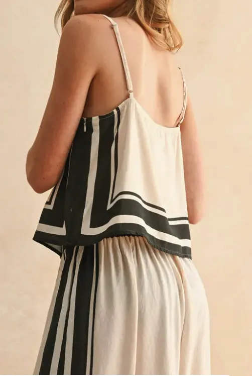 Tan Black Border Stripe Pattern Tank Top