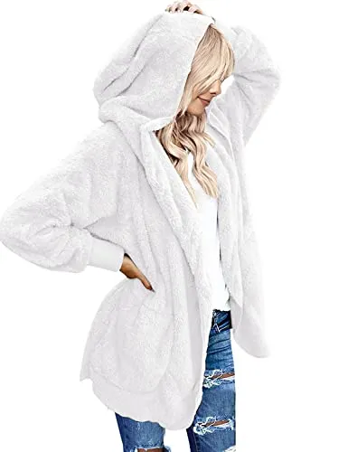 Womens Fuzzy Fleece Open Front Hooded Cardigan Jackets Sherpa Coat with Pockets