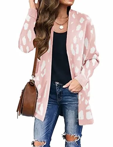 Women's Long Sleeves Open Front Leopard Print Knitted Sweater Cardigan Coat Outwear