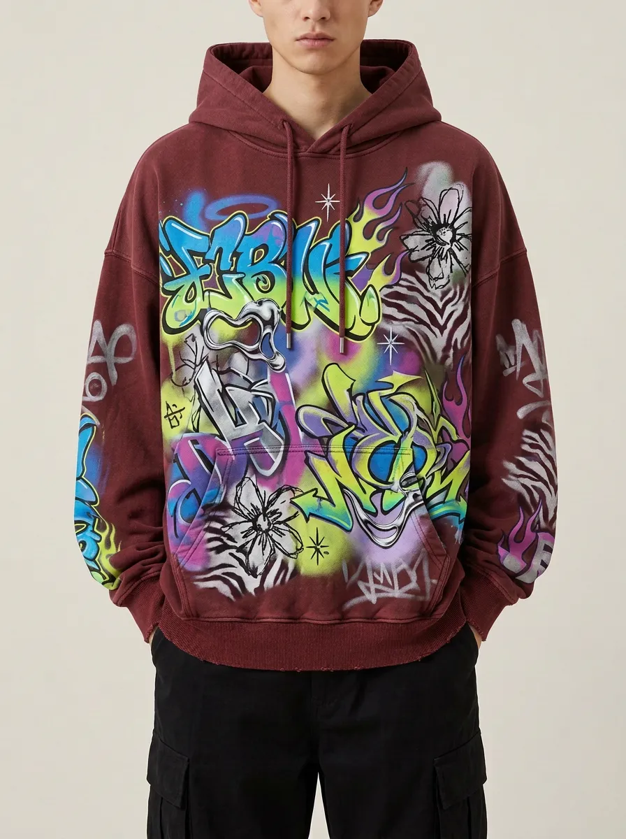 Unisex Streetwear Graffiti Flower Flame Graphic Hoodie