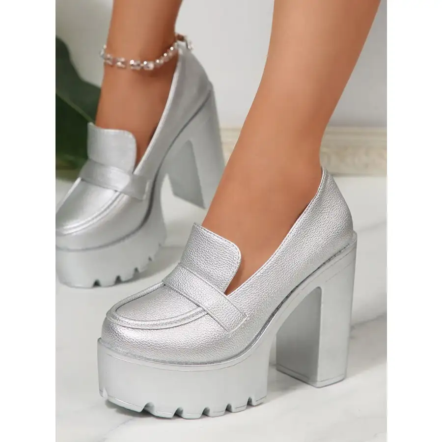 Round Toe Platform Block Heels Pumps