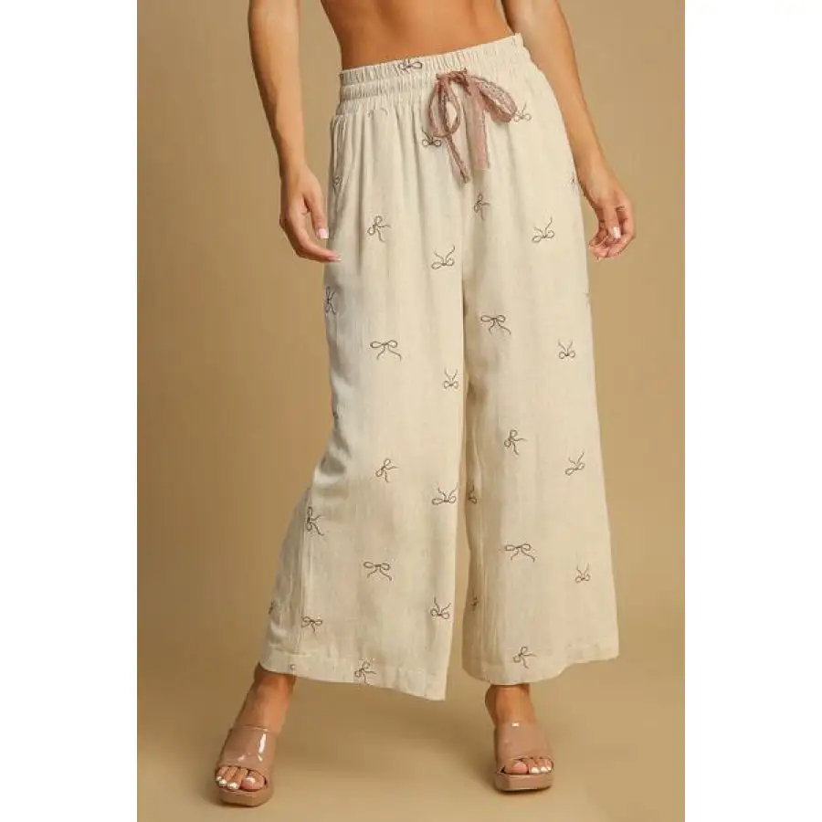 Full Size Lace Drawstring Embroidered Bow Wide Leg Pants Plus Size