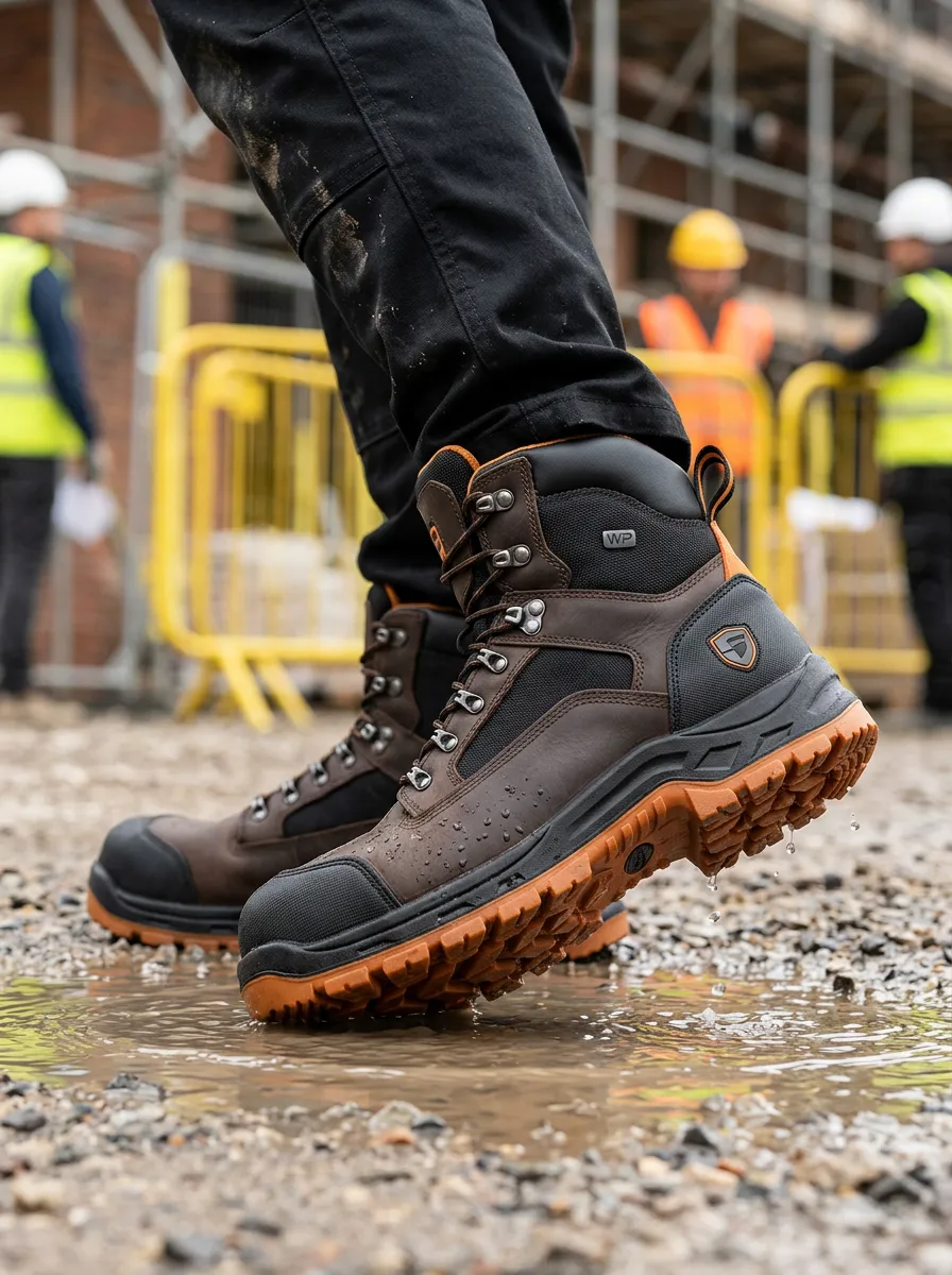 Men's Waterproof Printed Brown Leather Work Boots for Construction