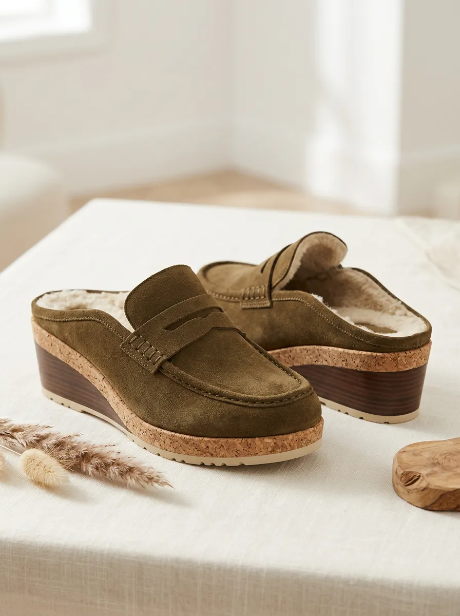Women's Heritage Faux Fur Lined Suede Wood Sole Loafers