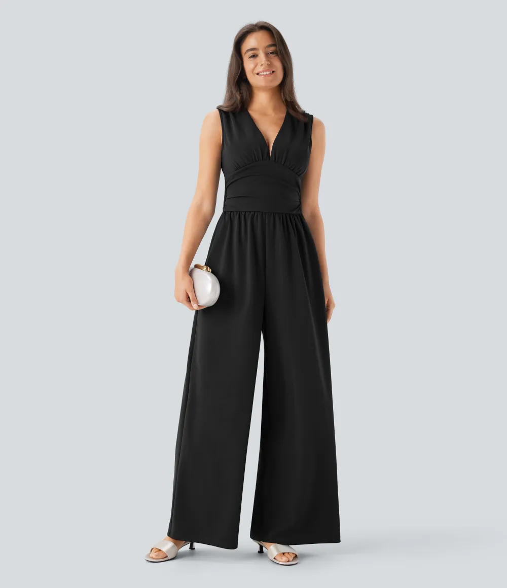 SculptKnit V Neck Sleeveless Ruched Pocket Jumpsuit-Easy Peezy