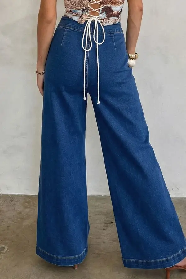 Women's Hardware Decor Patched Pockets Wide Leg Denim Pants