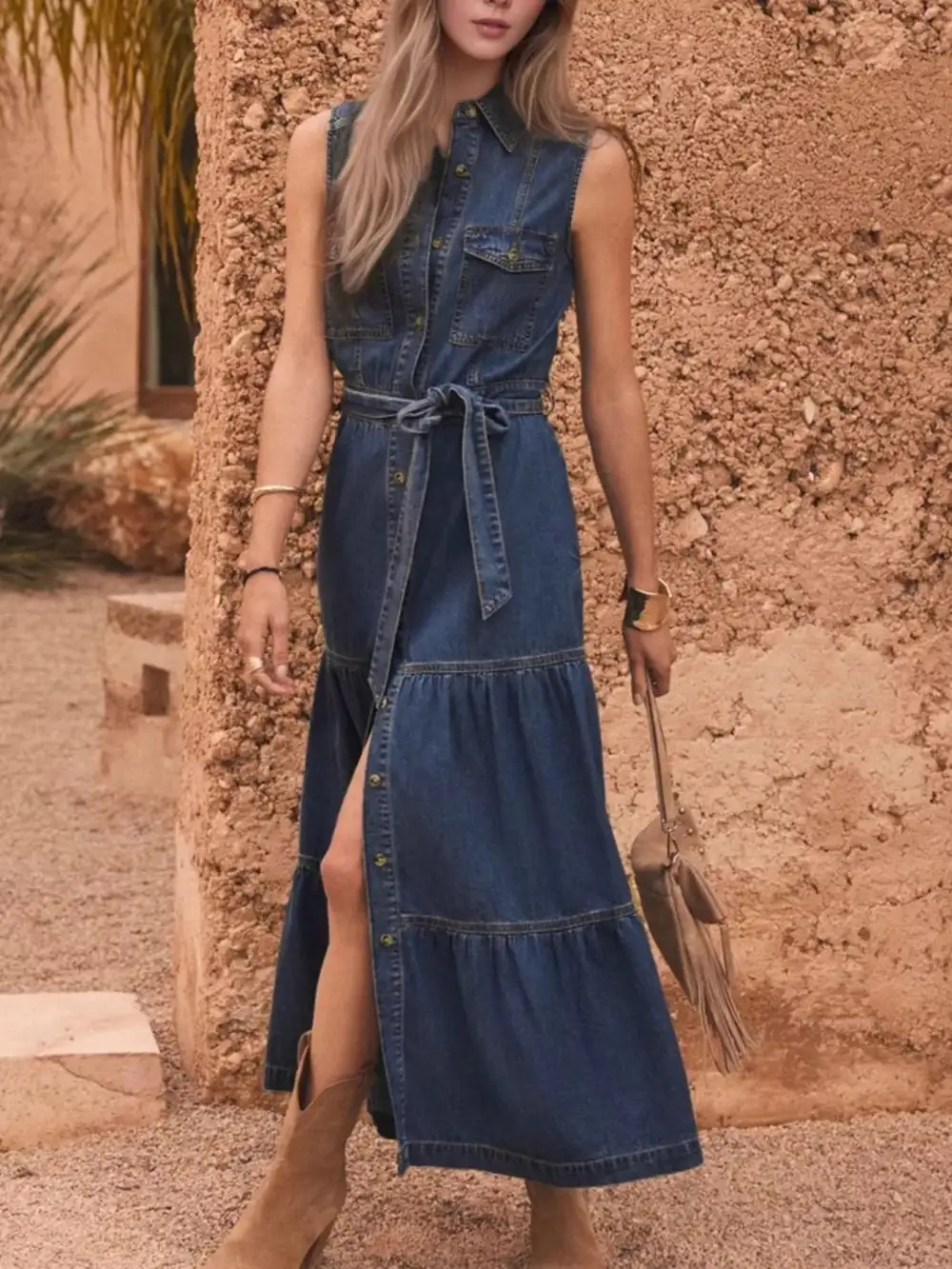 Layered Detail Denim Button Front Sleeveless Dress