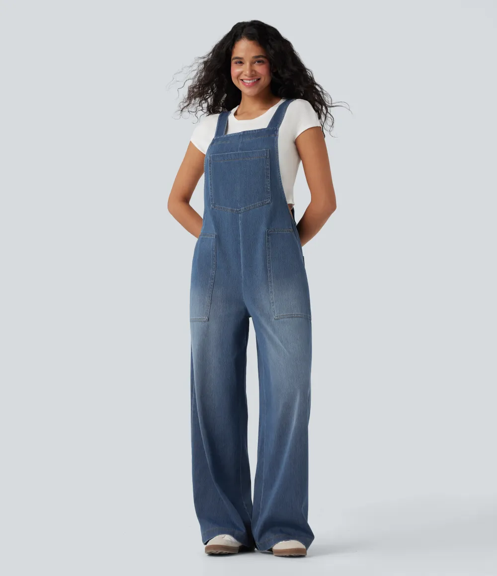  Square Neck Washed Denim Casual Overalls with Pockets