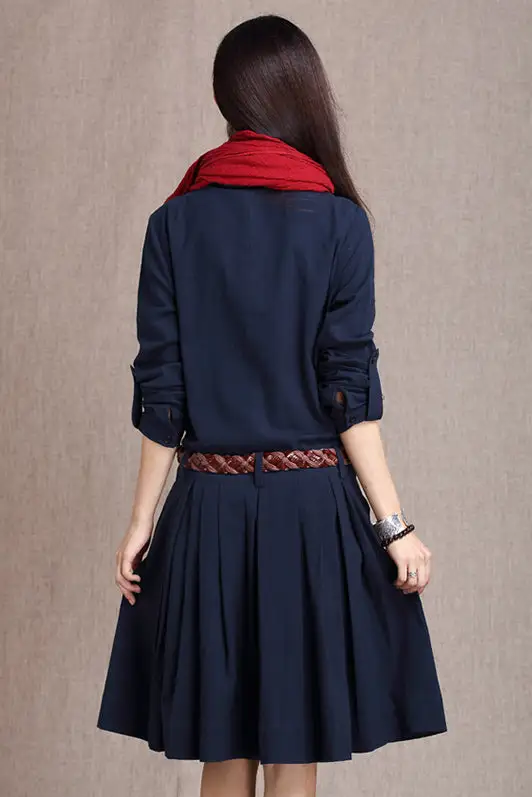 Linen Cotton Pleated Long Sleeve Midi Dress