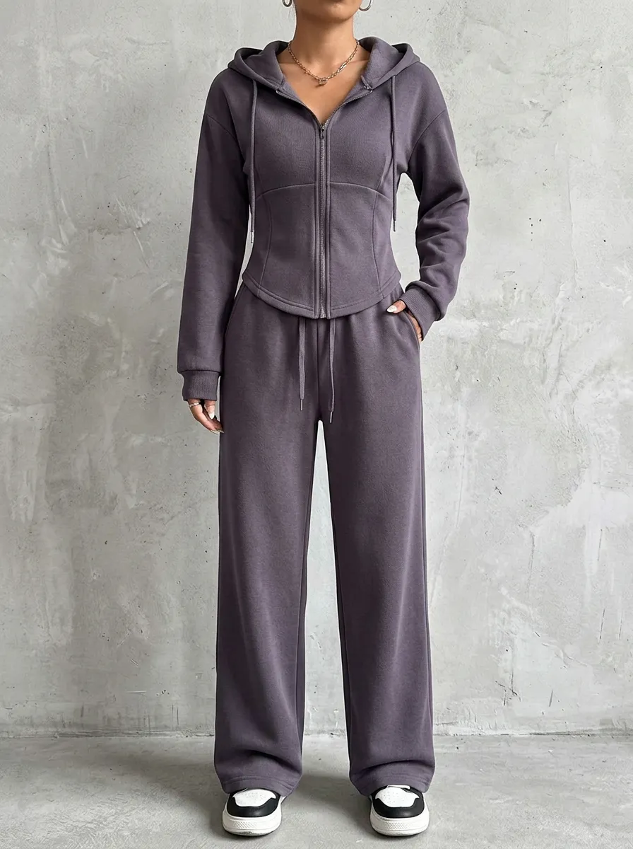 Women's Charcoal Grey Corset-Style Zip-Up Hoodie and Wide-Leg Lounge Set