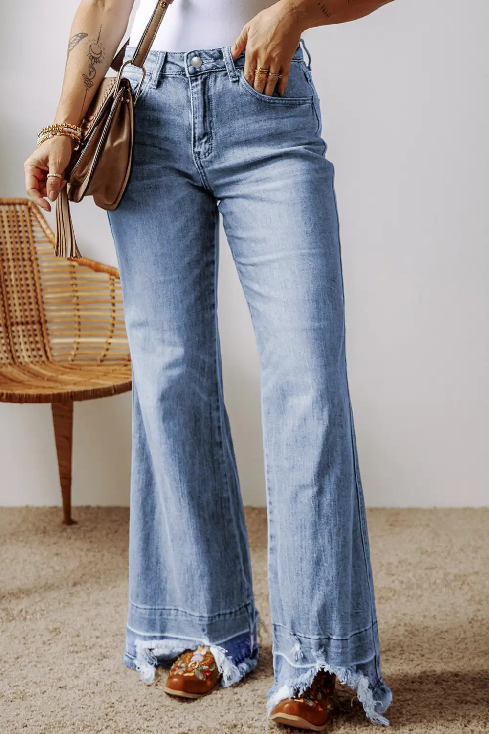 Structured Flare Leg Raw Hem Pocketed Denim Jeans