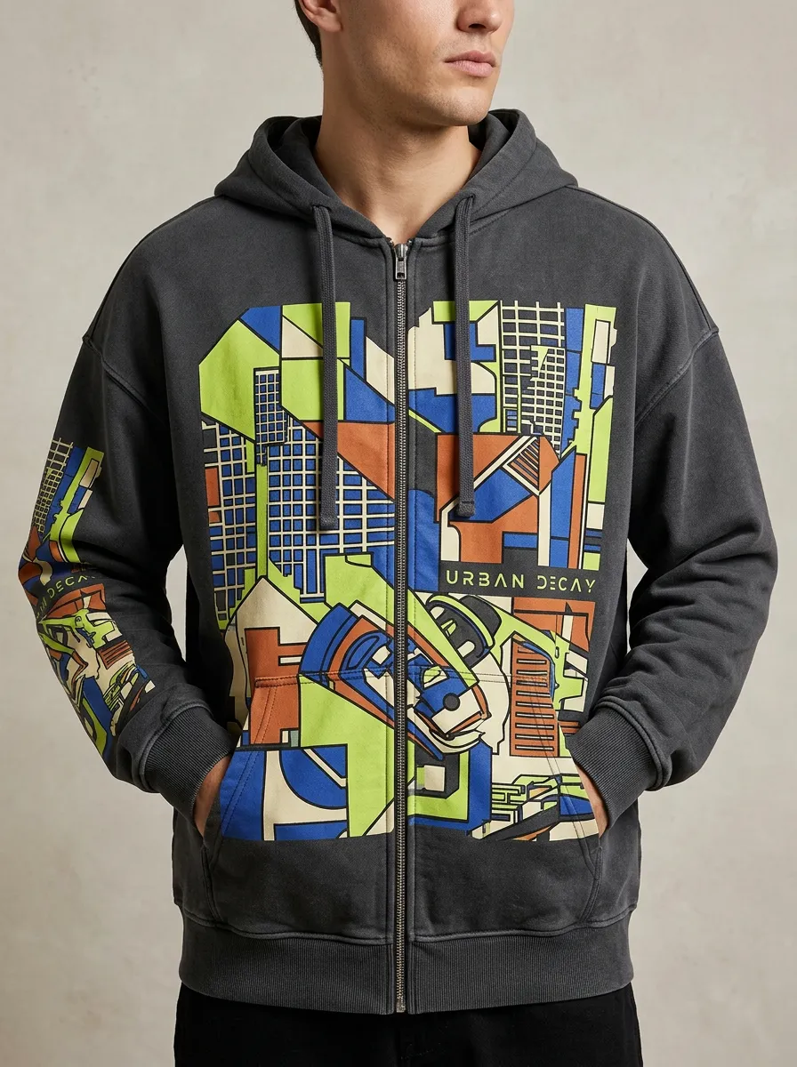 Men's Urban Decay Abstract Cityscape Printed Zip-up Hoodie