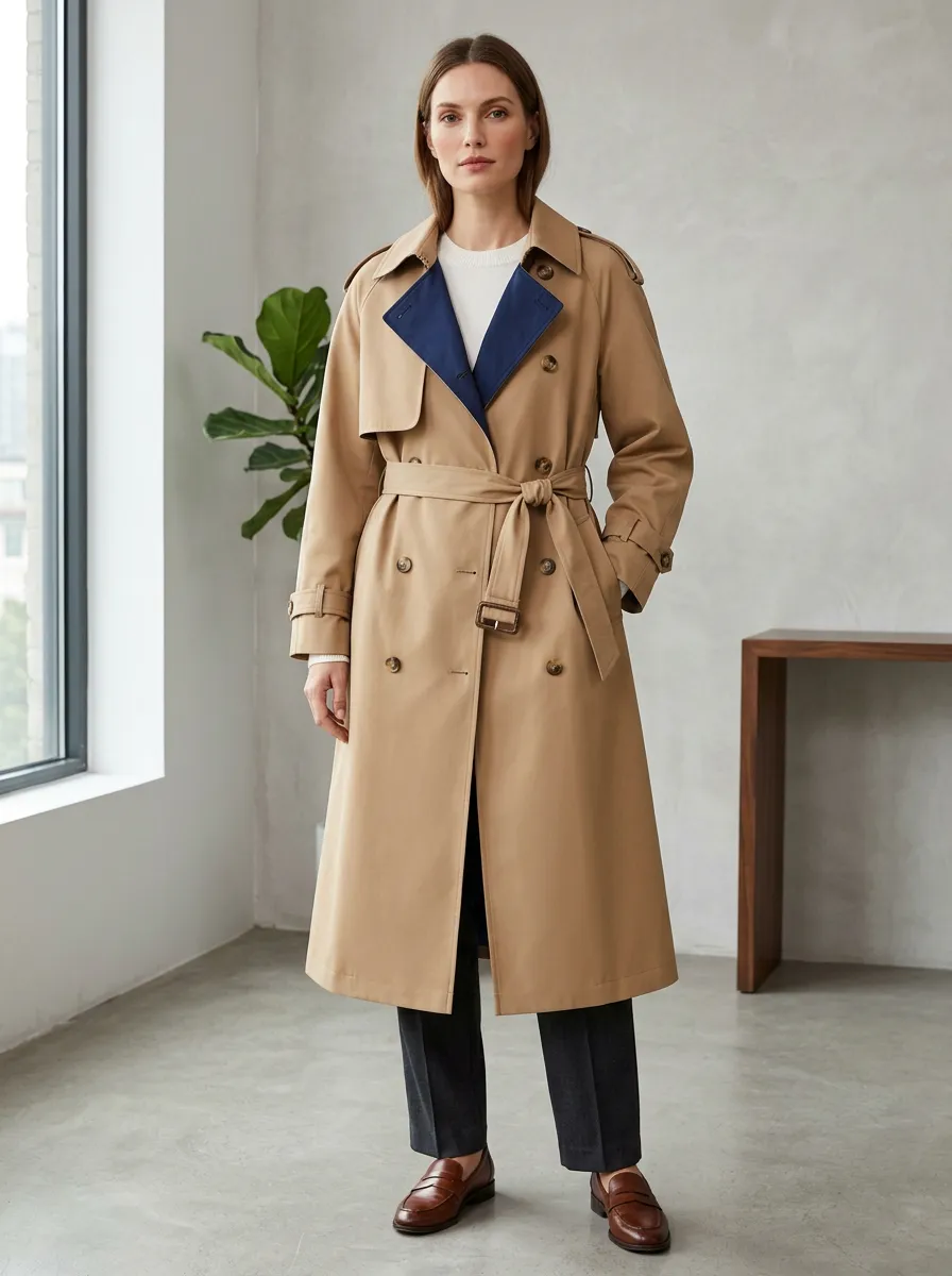 Women's Classic Modern Belted Classic Long Trench Coat