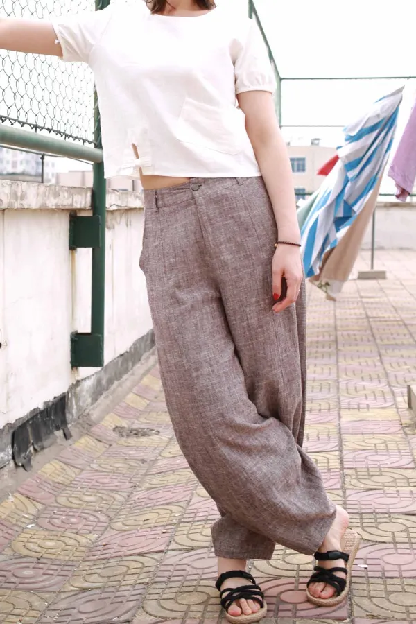 Classic Linen Cotton Tapered Cropped Pocketed Trousers