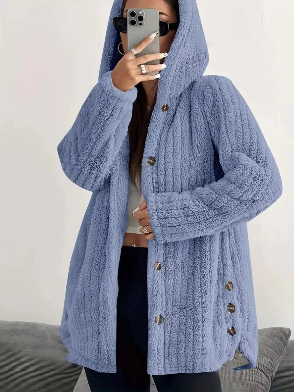 Full Size Fleece Button Up Hooded Outerwear Plus Size