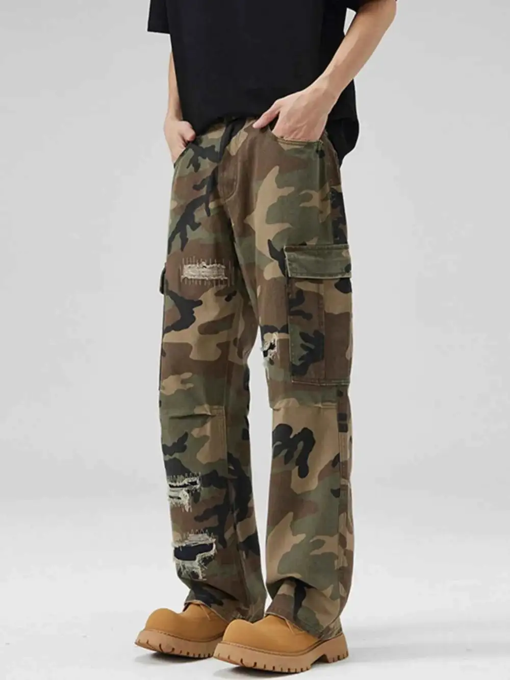 Distressed Camouflage Cargo Pants