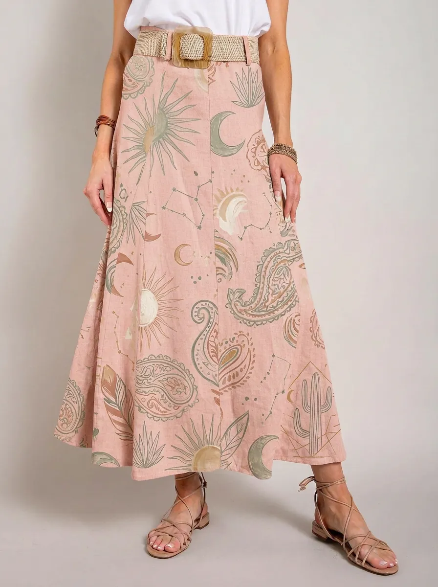Women's Boho Celestial Cactus Paisley Printed Midi Skirt