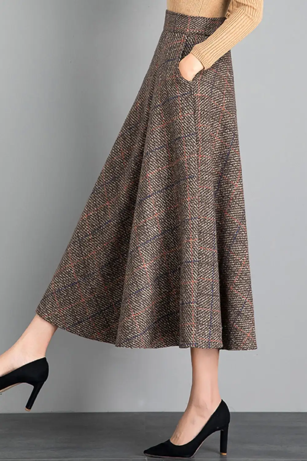 Checkered Wool Blend High Waist Midi Skirt
