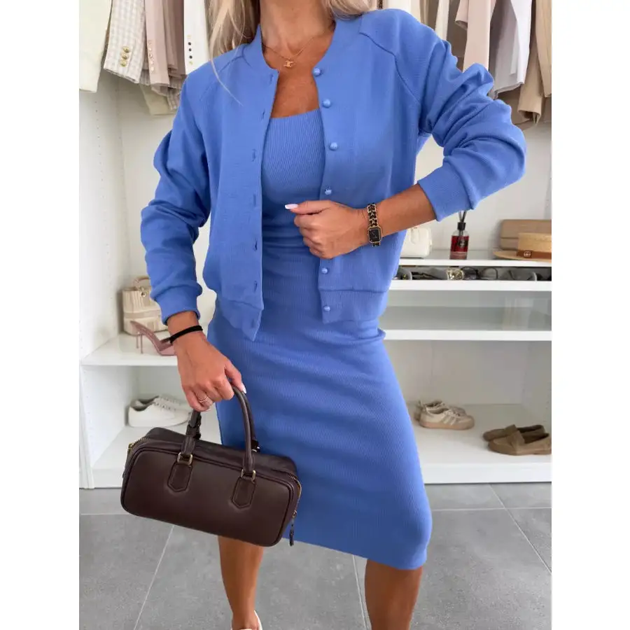 Slit Square Neck Dress and Outerwear Set