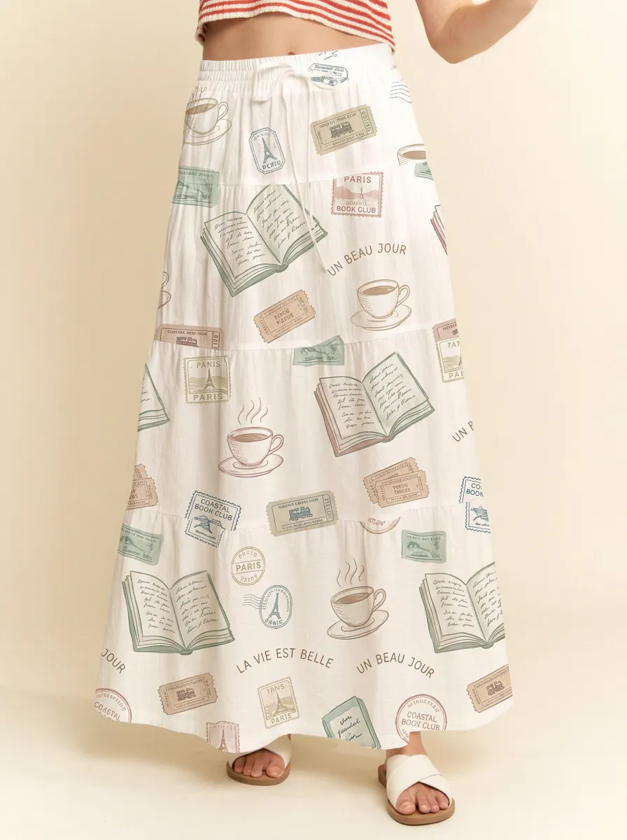 Women's Book Coffee Lover Paris Stamp Printed Maxi Skirt