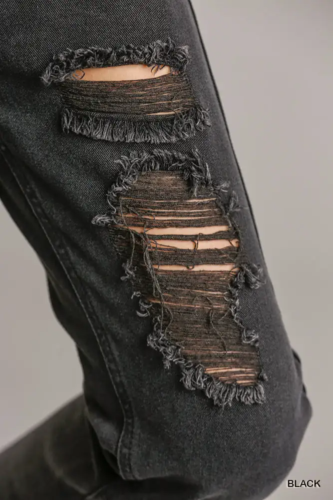 Pockets Non-stretch Straight Cut Distressed Denim Jeans with Raw Hem