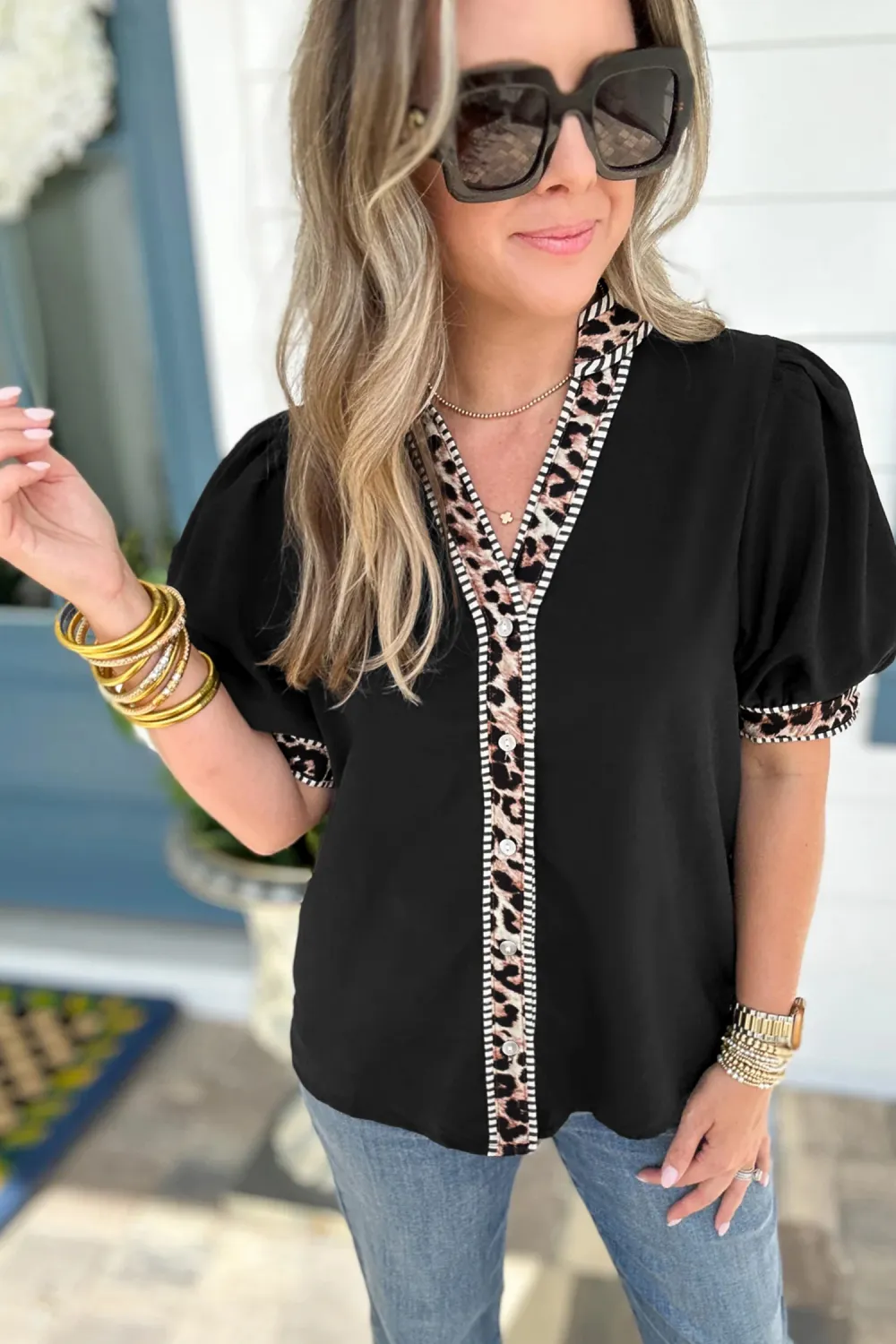 Black V Neck Short Puff Shirt