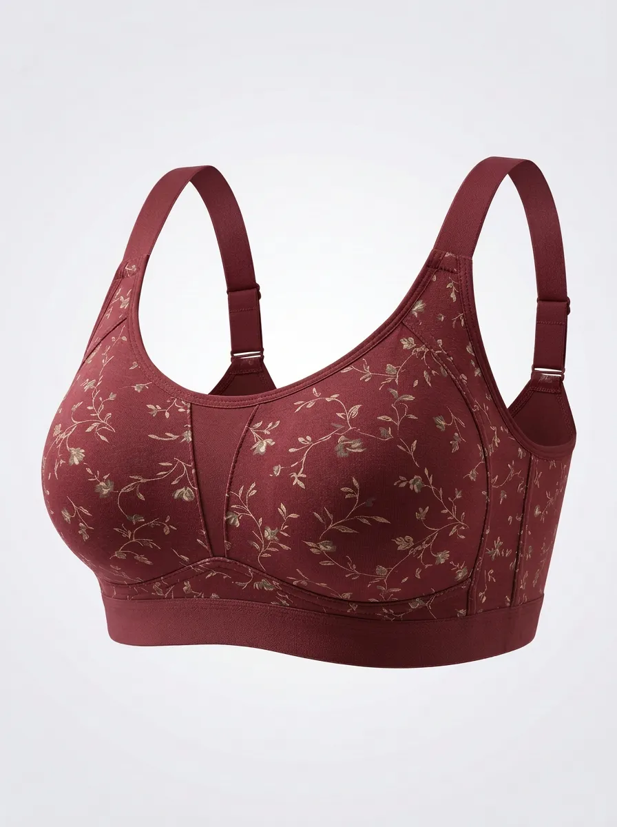 Women's Plus Size Sage Green Floral Full-Coverage Wide-Strap Wireless Sports Bra