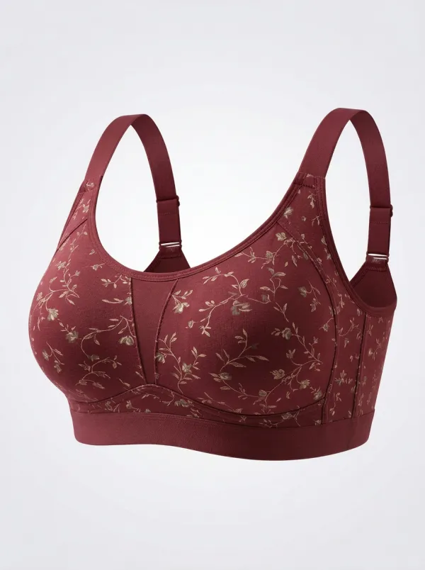 Women's Plus Size Sage Green Floral Full-Coverage Wide-Strap Wireless Sports Bra