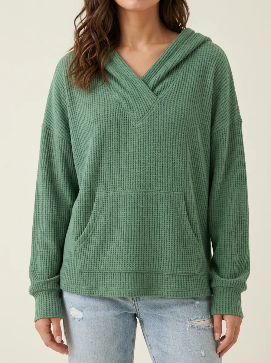 Women's Casual Green Waffle Knit V-Neck Hooded Top